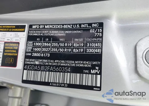 2015 Mercedes-Benz Ml 350 from USA, damaged, VIN 4JGDA5JB2FA560354